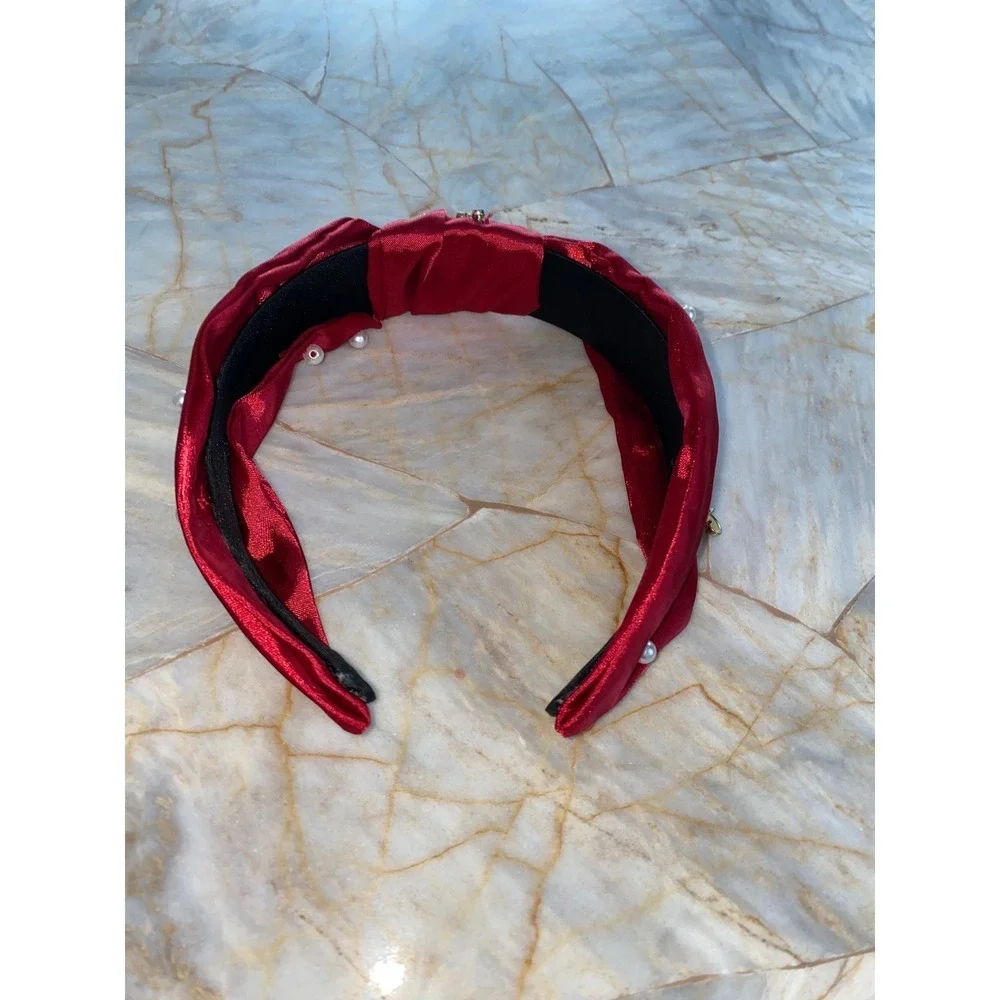 Red Satin Knotted Headband Faux Pearl Candy Cane Christmas Holiday‎ Charms Wide
